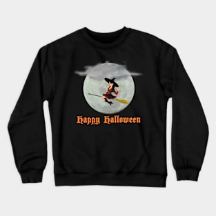 Pretty Witch on a Broomstick Flying Across the Moon Happy Halloween Crewneck Sweatshirt